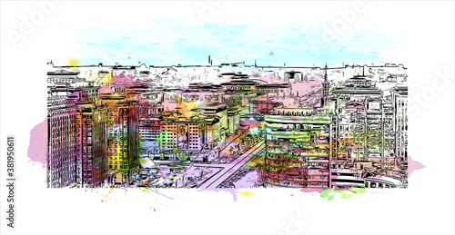 Building view with landmark of Beijing alternatively romanized as Peking is the capital of the Republic of China. Watercolor splash with hand drawn sketch illustration in vector.
