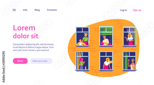 Apartment building with people in open window spaces. Neighbors drinking coffee, talking, using cell. Vector illustration for block of flat, condo, neighborhood, community, house friendship concept