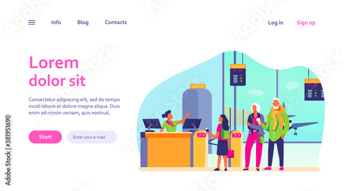 Group of passengers standing in queue to counter vector illustration. Departures board and airline transportation concept. Travelers waiting in line for plane