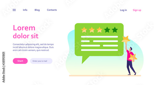 Online customer feedback. Man applying rate stars to chat bubble flat vector illustration. Marketing, satisfaction, evaluation concept for banner, website design or landing web page