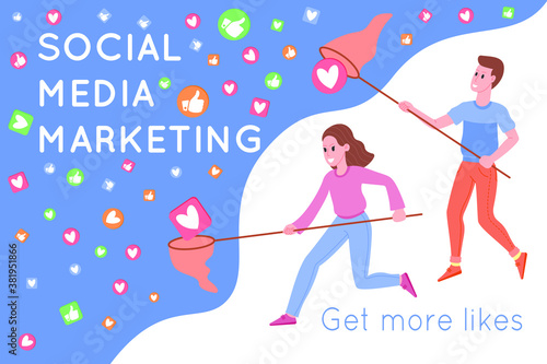 Social media marketing, smm, digital marketing promotion on the Internet, social networks. Man and woman catching hearts and likes by a butterfly net. Flat vector illustration for advertising services