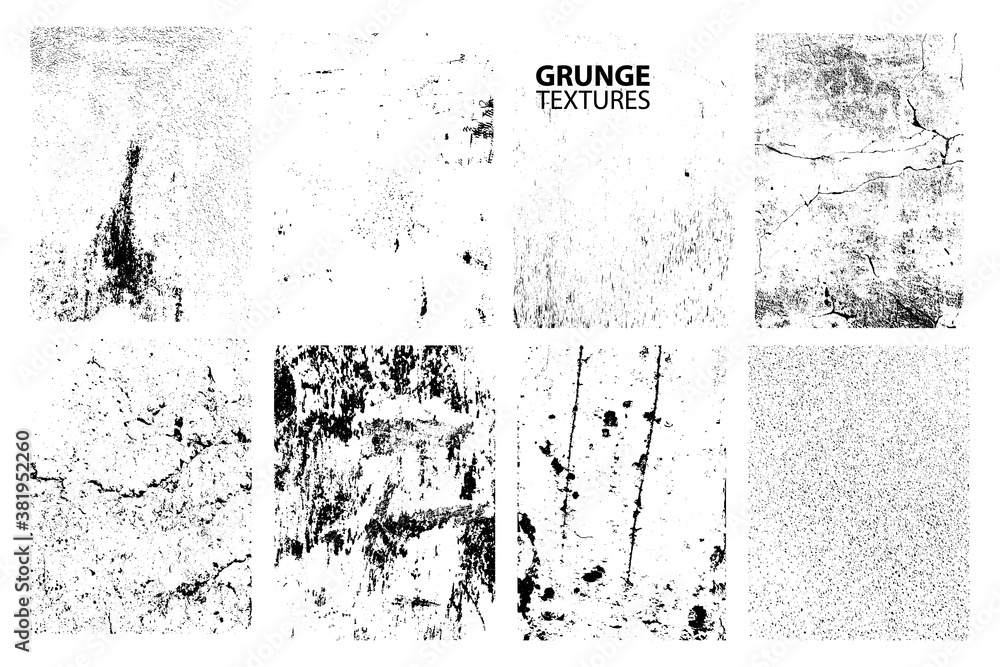 Grunge textures set. Black color. Dirty and grungy textured effect collection. Vector illustration.