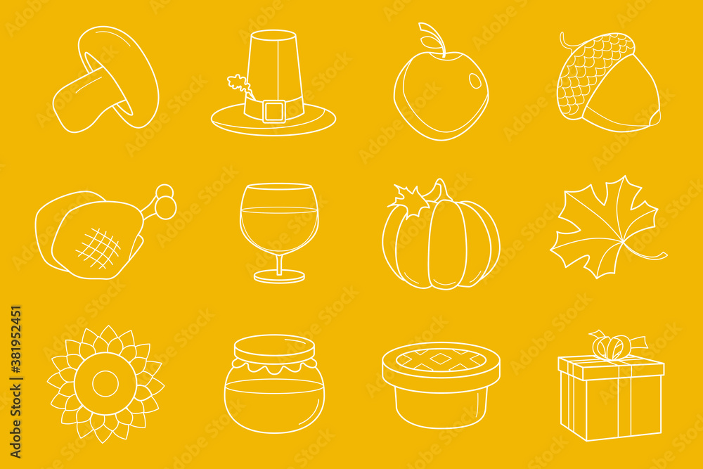 Thanksgiving day Icons set - Vector outline symbols of pumpkin, turkey, apple, pie, hat, wine and honey for the site or interface