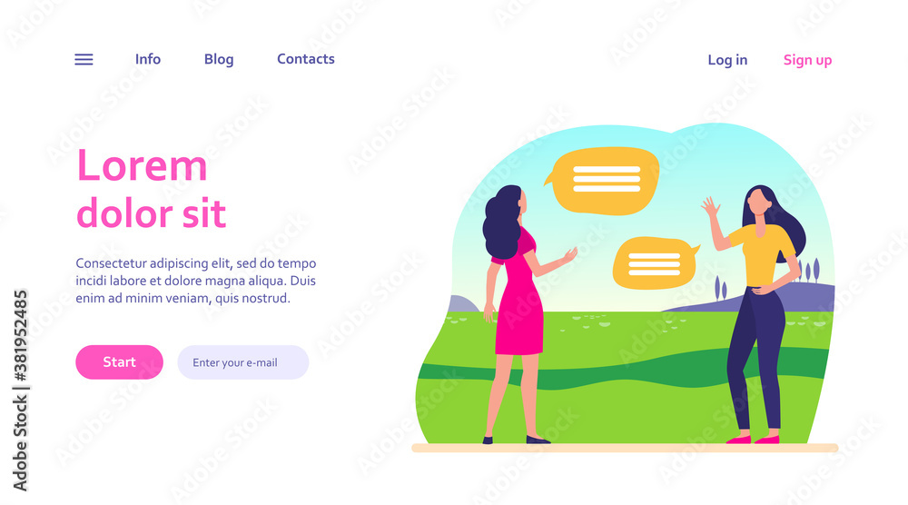 Women keeping social distance. Female friends meeting and talking outdoors flat vector illustration. Communication, pandemic, epidemic concept for banner, website design or landing web page