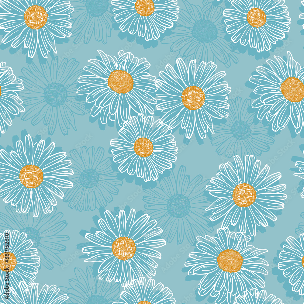 Vector Floral Seamless Pattern. Background of Outline Vintage Daisy (Chamomile, Camomile) Flowers. Hand drawn Flower Sketch Wallpaper