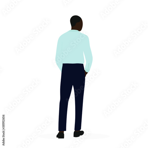 Black male character in shirt and trousers stands with his back on white background