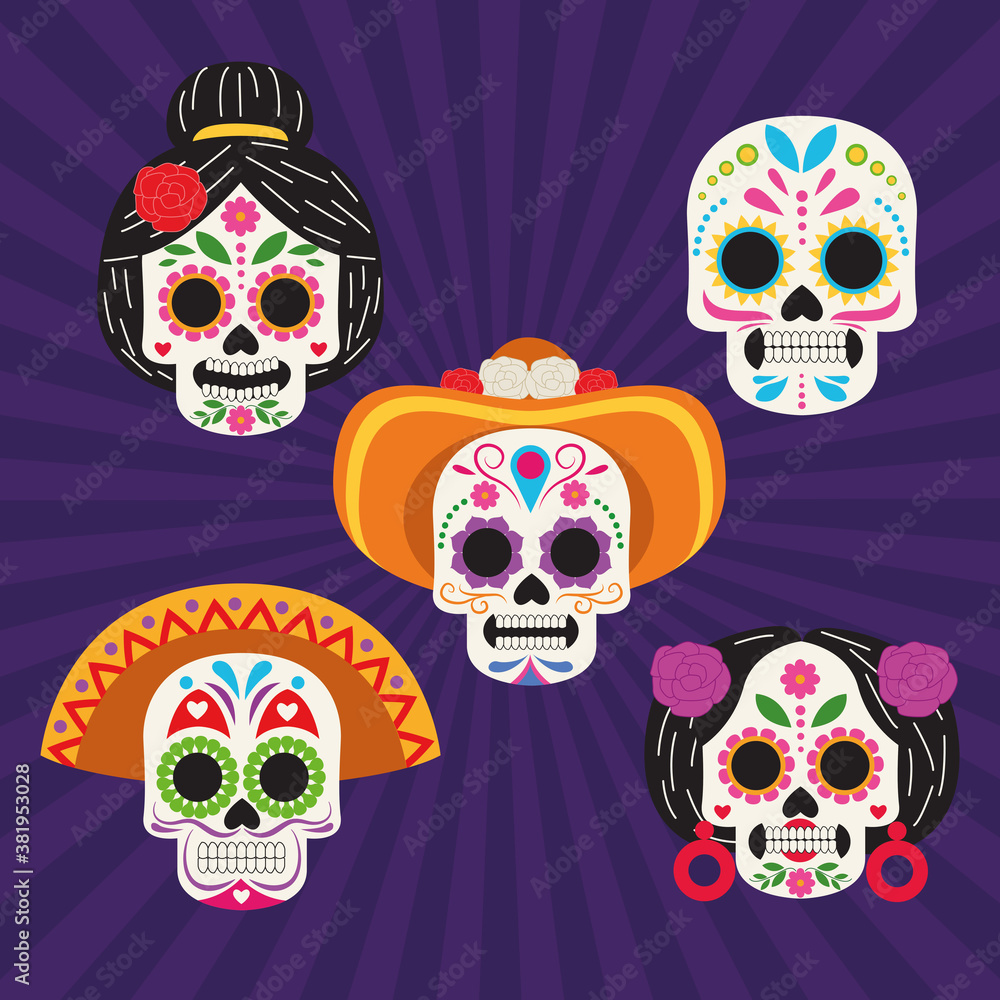 dia de los muertos celebration poster with skulls heads group