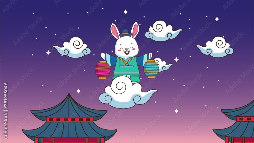 happy chuseok celebration with chinese houses and rabbit lifting lanterns in cloud happy chuseok celebration with chinese houses and rabbit lifting lanterns in cloud