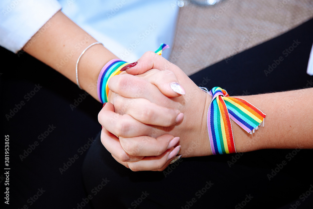 LGBT Lesbian Couple With Rainbow Ribbon Moments Happiness Concept