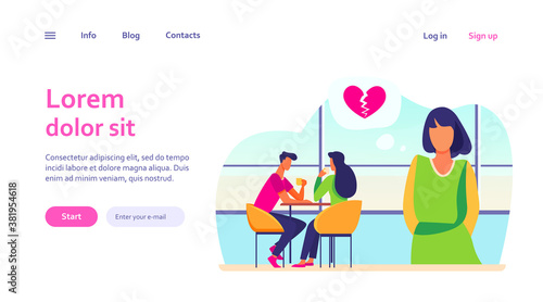 Sad woman with broken heart standing near happy couple. Date, girl, girlfriend flat vector illustration. Love and relationship concept for banner, website design or landing web page