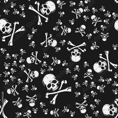 Skull Head Jolly Roger Pirate crossbones seamless repeat pattern on black