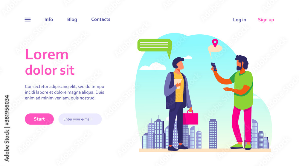 People using location app on phone. Asking way, speech bubble with map pointer flat vector illustration. Navigation, travel, communication concept for banner, website design or landing web page People using location app on phone. Asking way, speech bubble with map pointer flat vector illustration. Navigation, travel, communication concept for banner, website design or landing web page