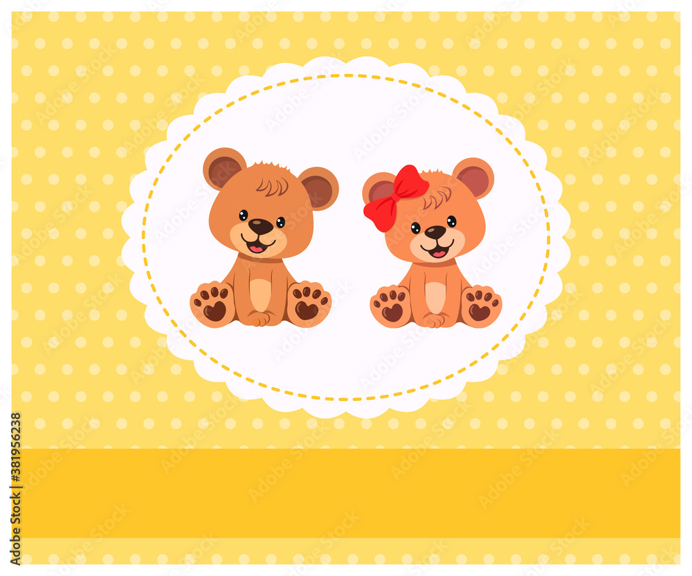Greeting card with teddy bear babies boy and girl in frame. Place for your text Greeting card with teddy bear babies boy and girl in frame. Place for your text