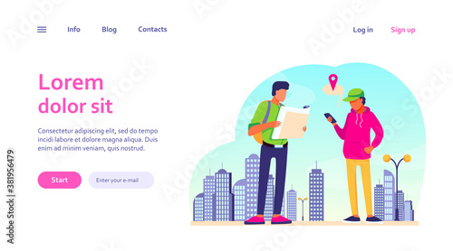 People using paper map and location app on mobile phone. Tourists finding way in city flat vector illustration. Navigation, travel concept for banner, website design or landing web page