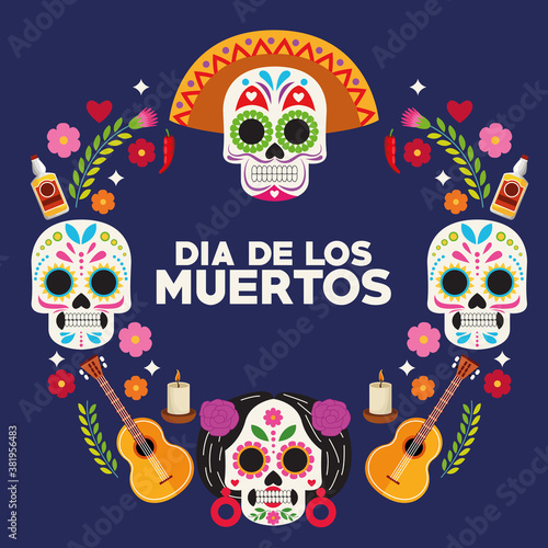 dia de los muertos celebration poster with skulls heads group and guitars around