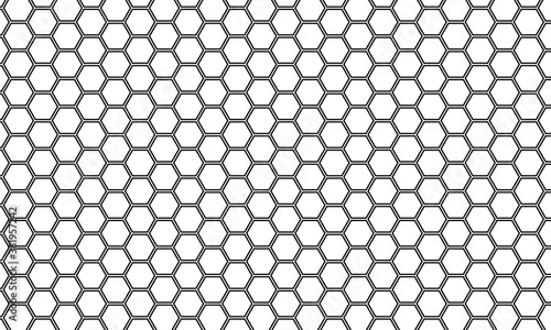 Seamless pattern of black hexagons on a white background.
