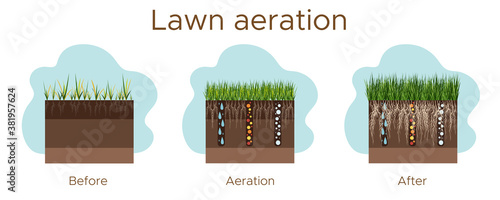 Lawn care - aeration and scarification. Labels by stage-before, during, and after. Intake of substances-water, oxygen, and nutrients to feed the grass and soil. Vector flat illustration - horizontal.