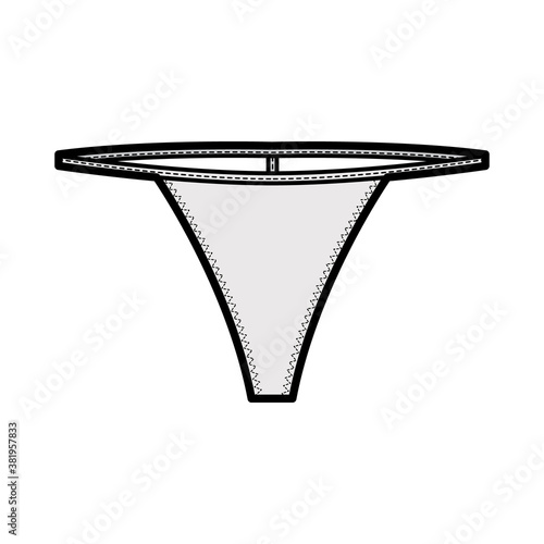 T-back string technical fashion illustration with low waist rise, no hips coverage, elastic waistband. Flat panties bikini lingerie template front, grey color. Women men unisex underwear CAD mockup