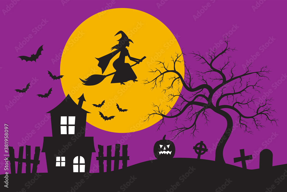 Witch flying on broomstick and old haunted house silhouette in front of the big moon and the purple sky with bats. Halloween holiday concept vector illustration