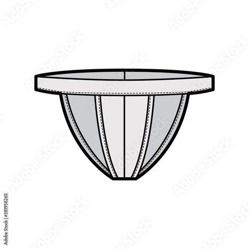 Tanga underwear technical fashion illustration with elastic waistband, Athletic-style skin-tight. Flat thong Underpants lingerie template front, grey color. Women men unisex swimsuit CAD mockup 