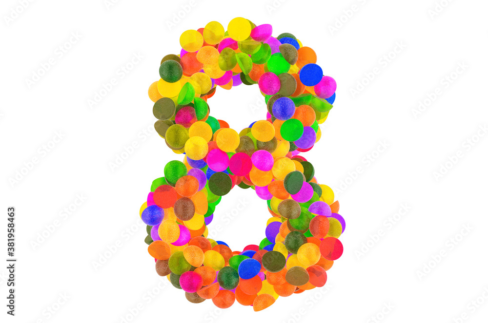 Number 8 from colored marmalade candies. 3D rendering
