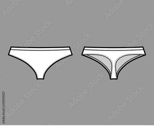 Cheeky thongs technical fashion illustration with low rise, elastic waistband, small hips coverage. Flat Mini briefs lingerie template front, back, white color. Women men unisex underwear CAD mockup