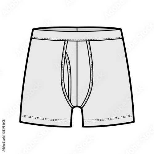 Boxer briefs underwear technical fashion illustration with elastic waistband, Athletic-style skin-tight. Flat trunks Underpants lingerie template front grey color. Women men unisex CAD mockup