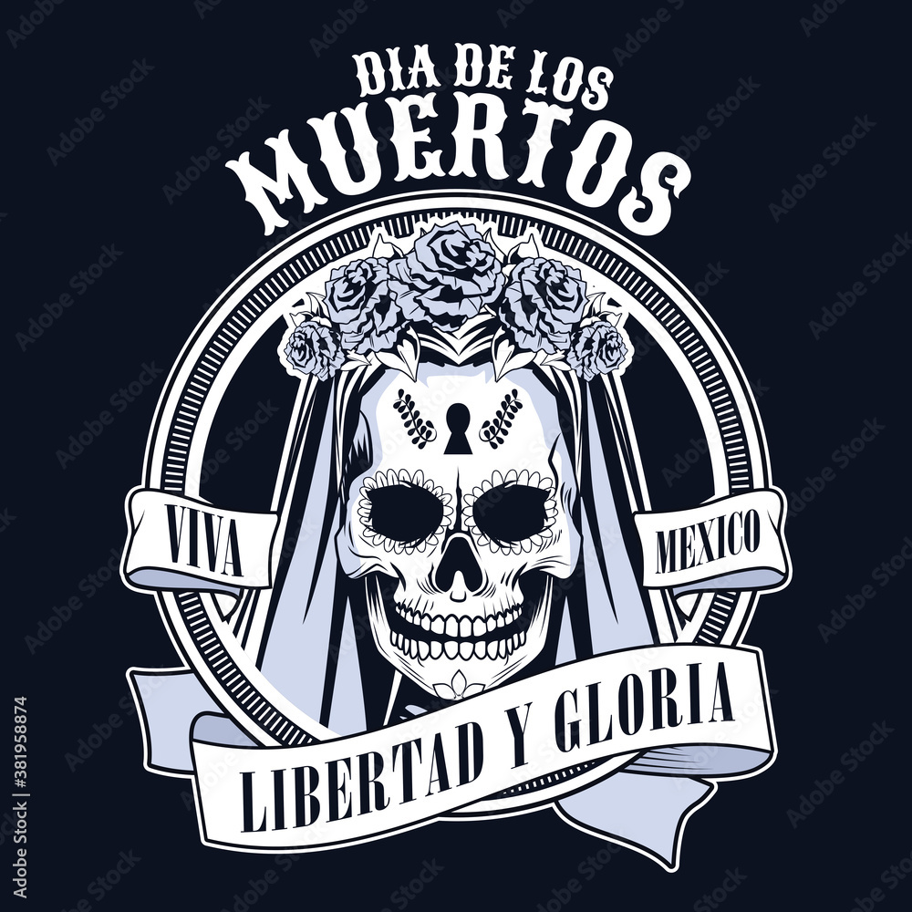 Obraz premium dia de los muertos celebration with woman skull and ribbon in black background