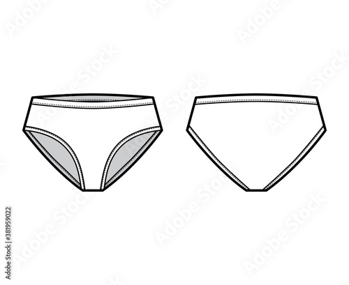 High-cut briefs technical fashion illustration with mid hips coverage and waist rise. Flat Mini-short panties bikini lingerie template front, back, white color. Women men unisex underwear CAD mockup