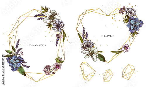 Golden frame with anemone, lavender, rosemary everlasting, phalaenopsis, lily, iris