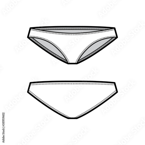 Bikinis technical fashion illustration with elastic waistband, low rise, medium hips coverage. Flat cheekini panties briefs lingerie template front, back, white color. Women men underwear CAD mockup