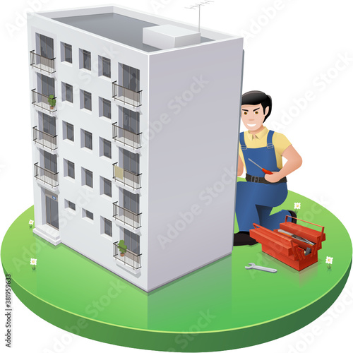 Technicien de copropriété faisant des réparations dans l'immeuble (détouré)