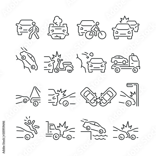 Car Accident related icons: thin vector icon set, black and white kit