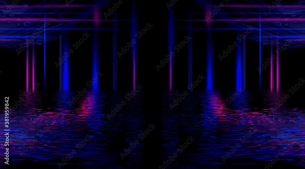 Dark abstract futuristic background. Neon lines glow. Neon lines, shapes. Multi-colored glow, blurry lights, reflected in the water. Empty stage background 3D illustration Dark abstract futuristic background. Neon lines glow. Neon lines, shapes. Multi-colored glow, blurry lights, reflected in the water. Empty stage background 3D illustration
