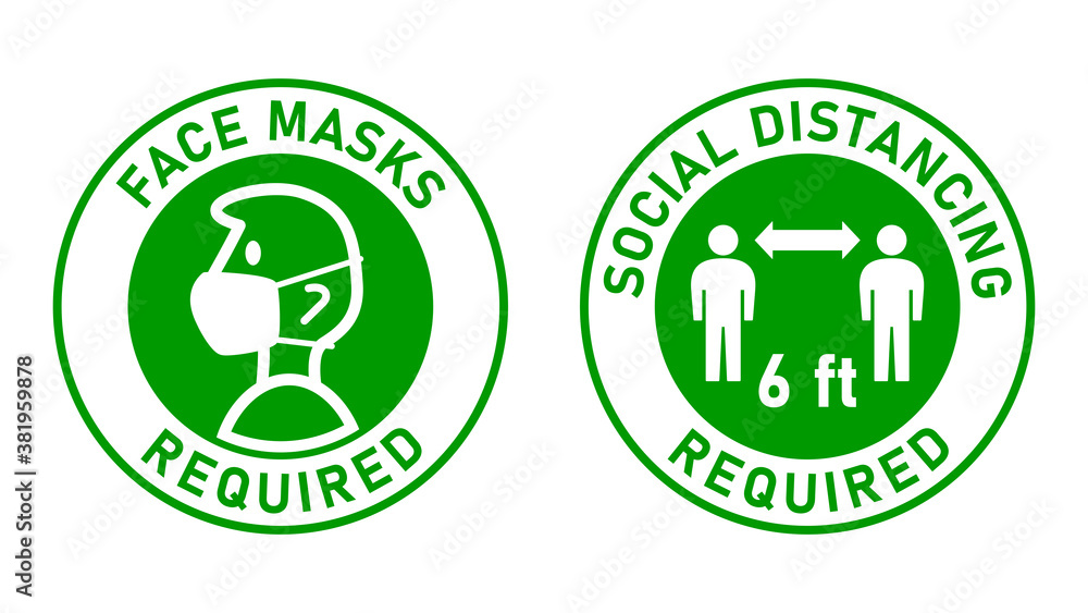 Face Masks Required and Social Distancing Required 6 ft or 6 Feet Round Adhesive Sticker or Badge Icons against the Spread of Coronavirus Covid-19. Vector Image. Face Masks Required and Social Distancing Required 6 ft or 6 Feet Round Adhesive Sticker or Badge Icons against the Spread of Coronavirus Covid-19. Vector Image.