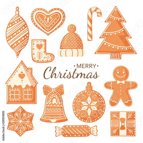 Collection of Christmas gingerbread cookies isolated on white background.  Design for Christmas and New Year card, poster, banner, postcard, print. Vector illustration.