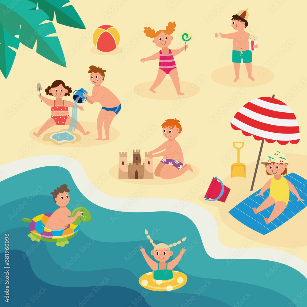 Kids having fun and swimming at beach, flat cartoon vector illustration Kids having fun and swimming at beach, flat cartoon vector illustration