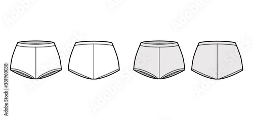 Boyleg briefs boxers technical fashion illustration with mid waist rise, full hips coverage. Flat shorts panties lingerie template front, back white grey color. Women men unisex underwear CAD mockup