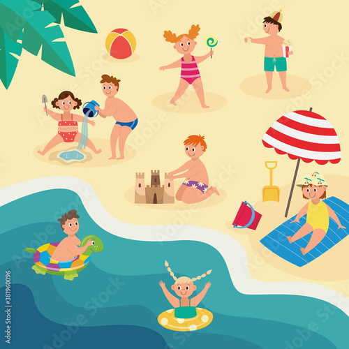 Kids having fun and swimming at beach, flat cartoon vector illustration