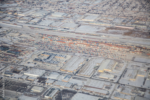 an aerial view of a railroad switching and container loading plant locted in west Chicago, Illinois.