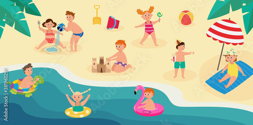 Children on summer vacation swimming in sea and playing on sand