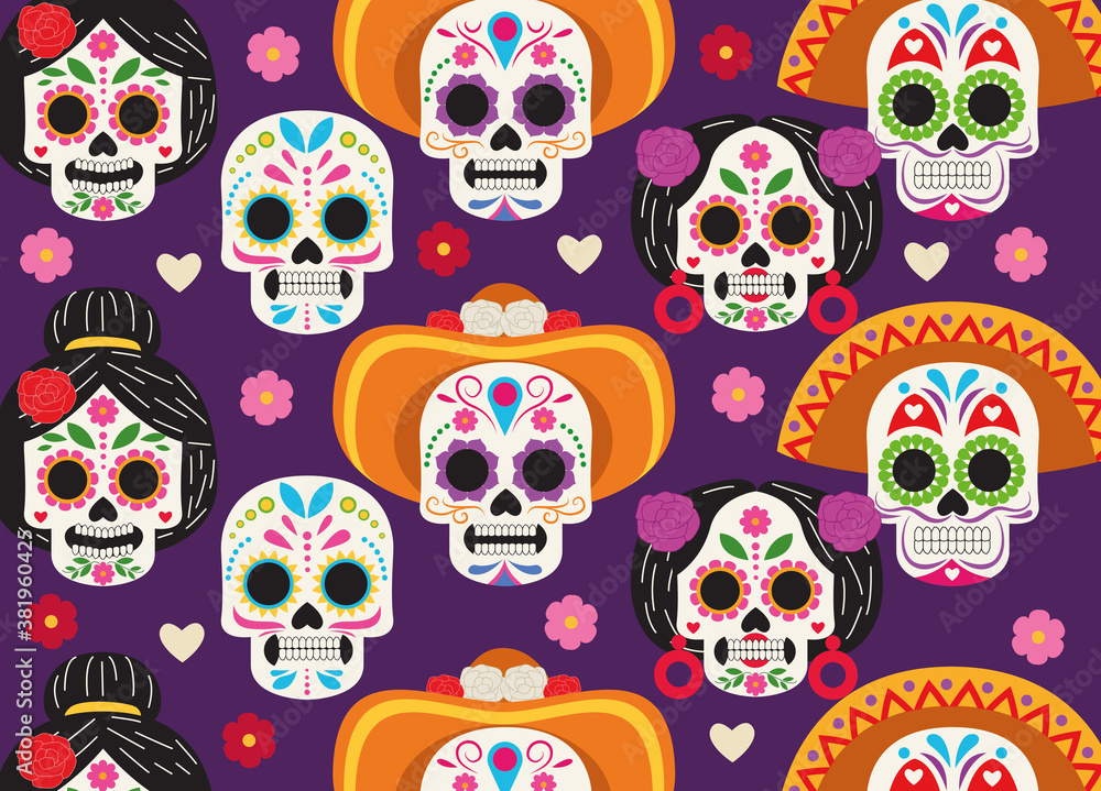 dia de los muertos celebration poster with skulls heads group pattern dia de los muertos celebration poster with skulls heads group pattern