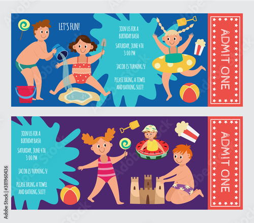 Tickets for children aqua park and beach playground flat vector illustration.