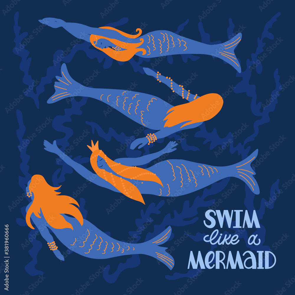 Swim like a mermaid hand drawn lettering with mermaid and alga illustration. Motivating phrase for swimming school, pool. Healthy lifestyle poster. Swim like a mermaid hand drawn lettering with mermaid and alga illustration. Motivating phrase for swimming school, pool. Healthy lifestyle poster.
