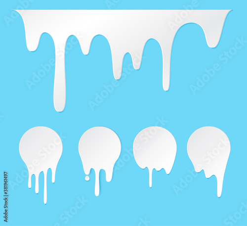 Melt drip stickers or circle milk labels. Vector liquid drops icons for graffiti blob stickers. White liquid or melted chocolate drips, milk, current paint.