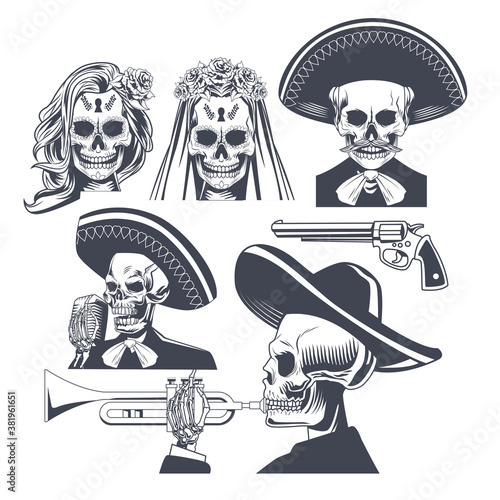 dia de los muertos celebration with bundle icons drawing