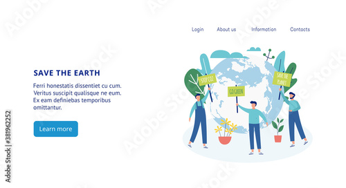 Banners with ecologists protesting against planet pollution a vector flat illustration
