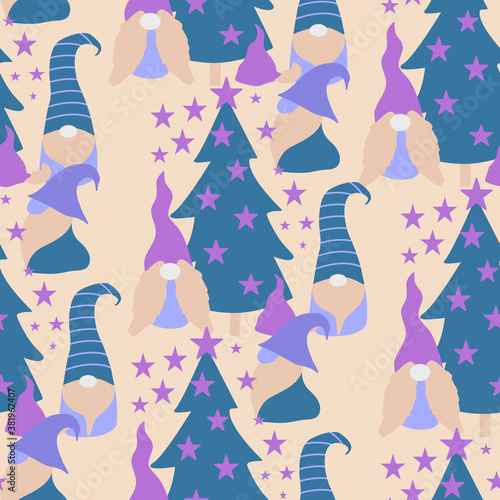 Cute vector gnomes in a Christmas decor, seamless pattern design