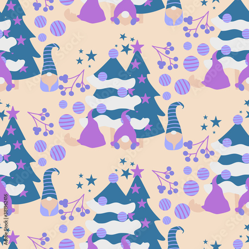 Cute vector gnomes in a Christmas decor, seamless pattern design