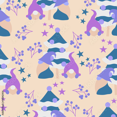 Cute vector gnomes in a Christmas decor  seamless pattern design